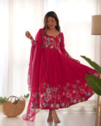 Lorenvalley Parrot Soft Organza Silk With Floral Print Fully Flared Anarkali Pant With Dupatta Set - Magenta
