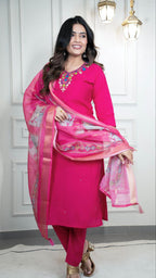 Lorenvalley Fashion Magenta Roman Silk Hand Work Kurta Pant with Dupatta - Distacart