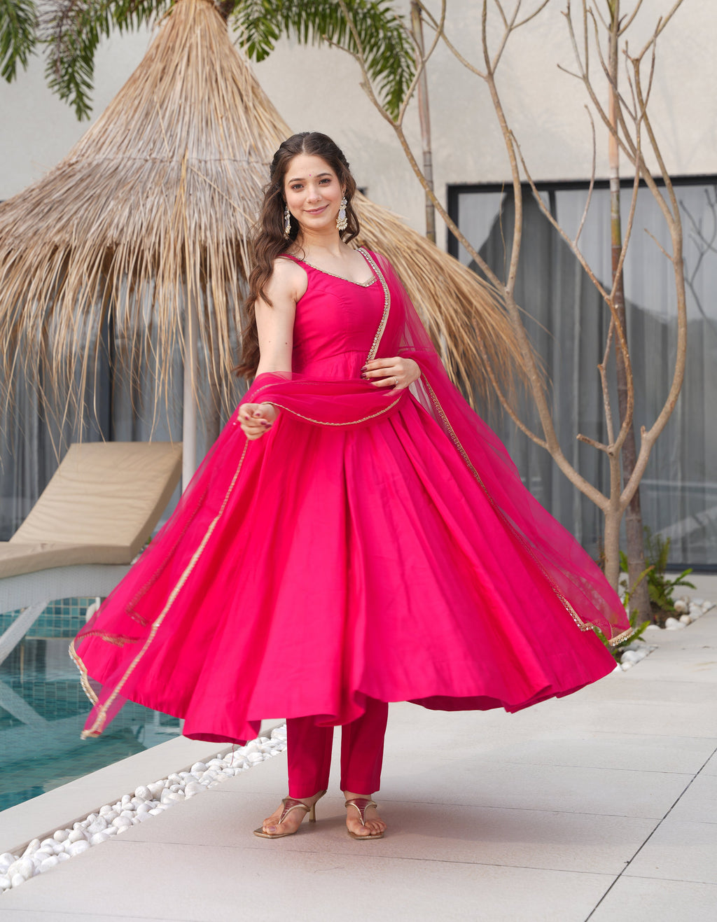 Lorenvalley Magenta Pure Romansilk Chanderi Fabric Yoke Fancy Lace Work Anarkali Kurta Pant With Dupatta Set