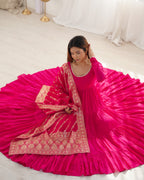 Lorenvalley Women Pure Roman silk Chanderi Fabric Layer Gathering Anarkali Kurta Pant With Dupatta Set - Magenta