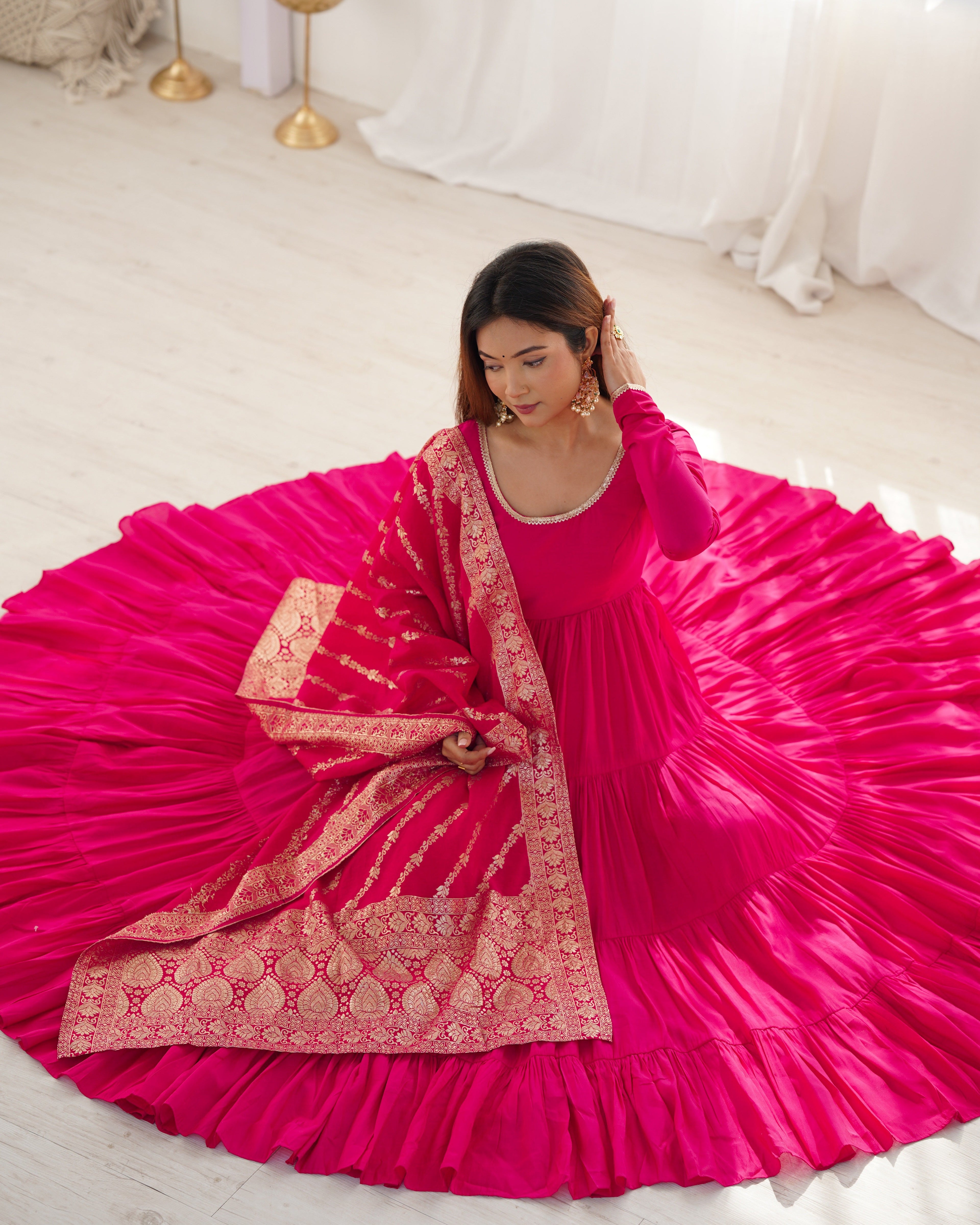 Lorenvalley Women Pure Roman silk Chanderi Fabric Layer Gathering Anarkali Kurta Pant With Dupatta Set - Magenta