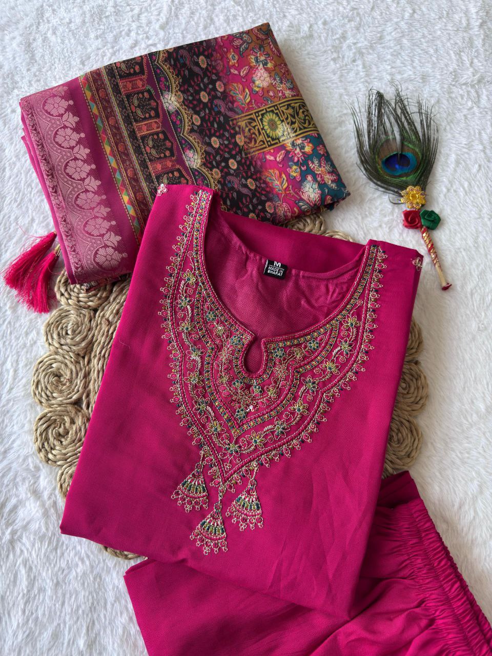 Lorenvalley Fashion Magenta Roman Silk Embroidery Multi Work Kurta Pant with Dupatta - Distacart