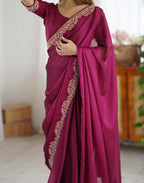 Lorenvalley Fashion Dark Magenta Rangoli Silk with Coding Lace Work Saree with Blouse - Distacart
