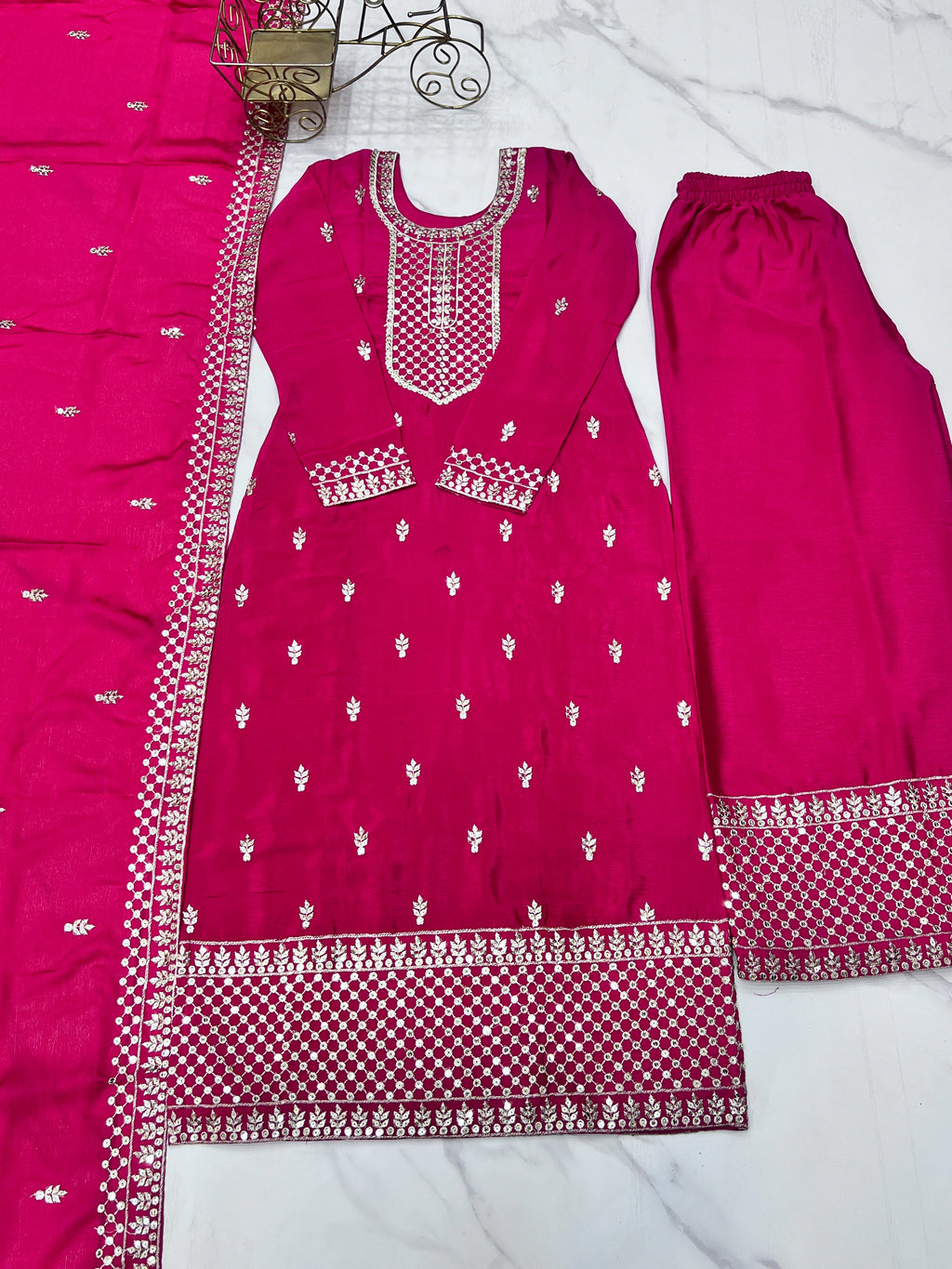 Lorenvalley Magenta Chinon Silk Embroidery Sequence and Jari Work Kurta Trousers with Dupatta Set - Distacart