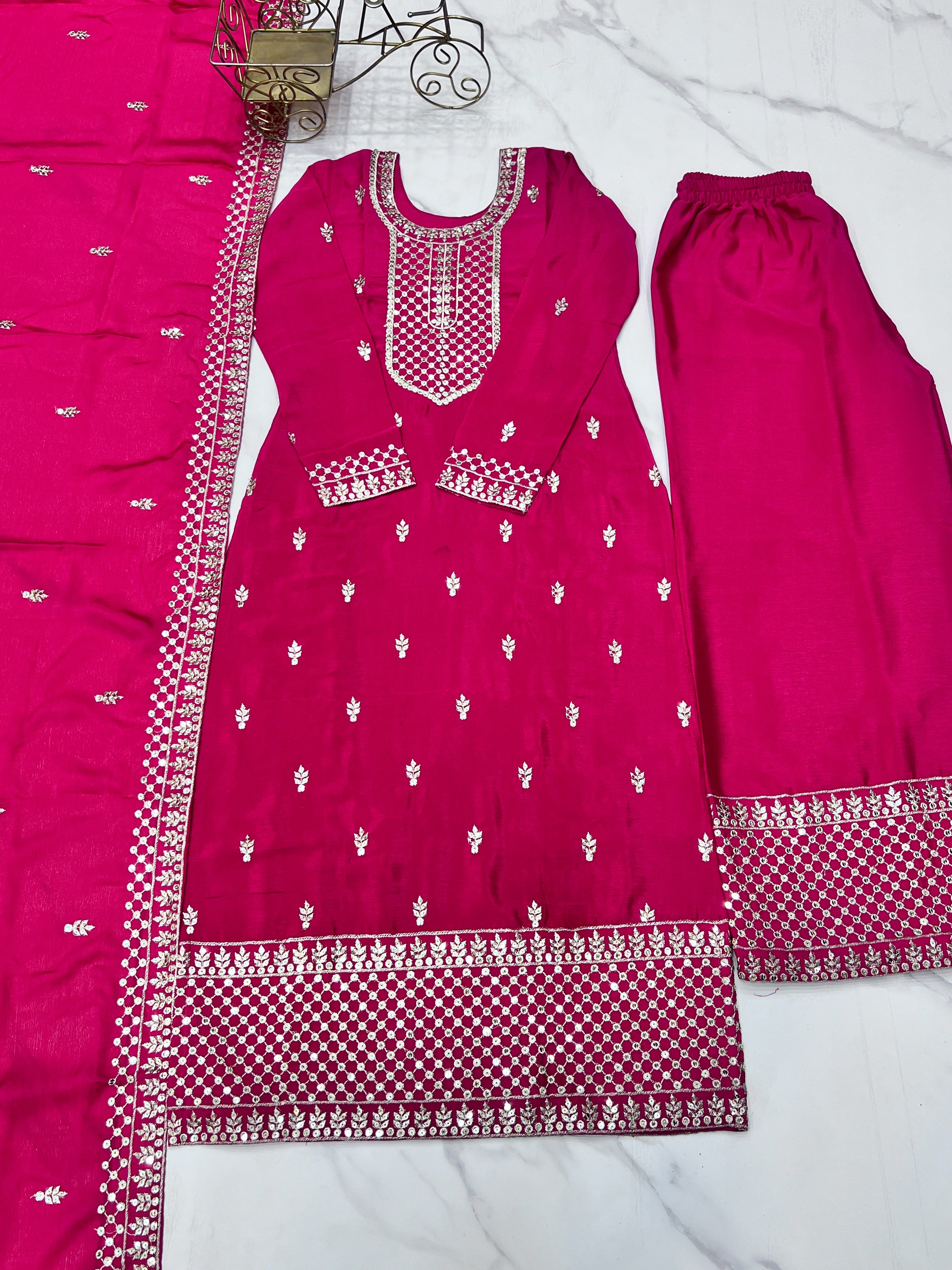 Lorenvalley Magenta Chinon Silk Embroidery Sequence and Jari Work Kurta Trousers with Dupatta Set - Distacart