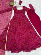 Lorenvalley Women Soft Lightweight Chiffon Bandhej Print Fabric Anarkali Kurta Pant With Dupatta Set