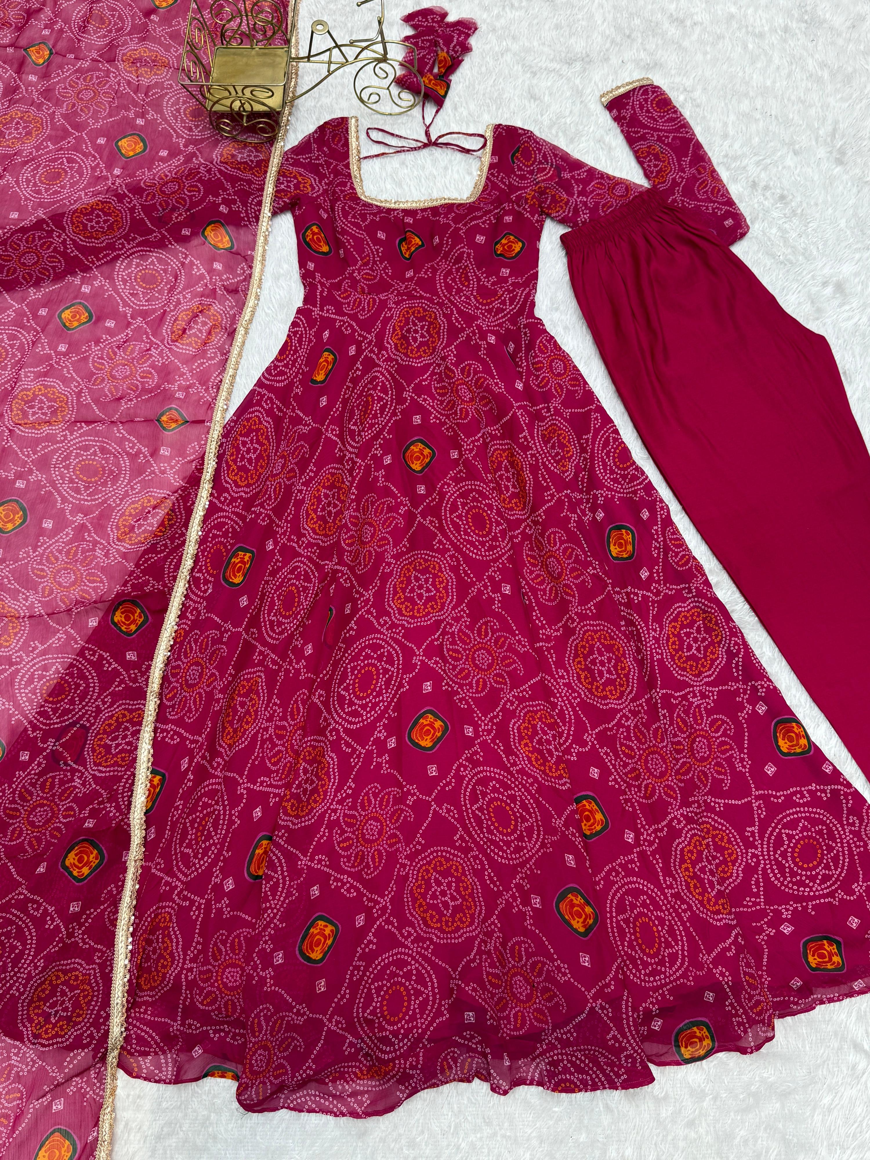 Lorenvalley Women Soft Lightweight Chiffon Bandhej Print Fabric Anarkali Kurta Pant With Dupatta Set