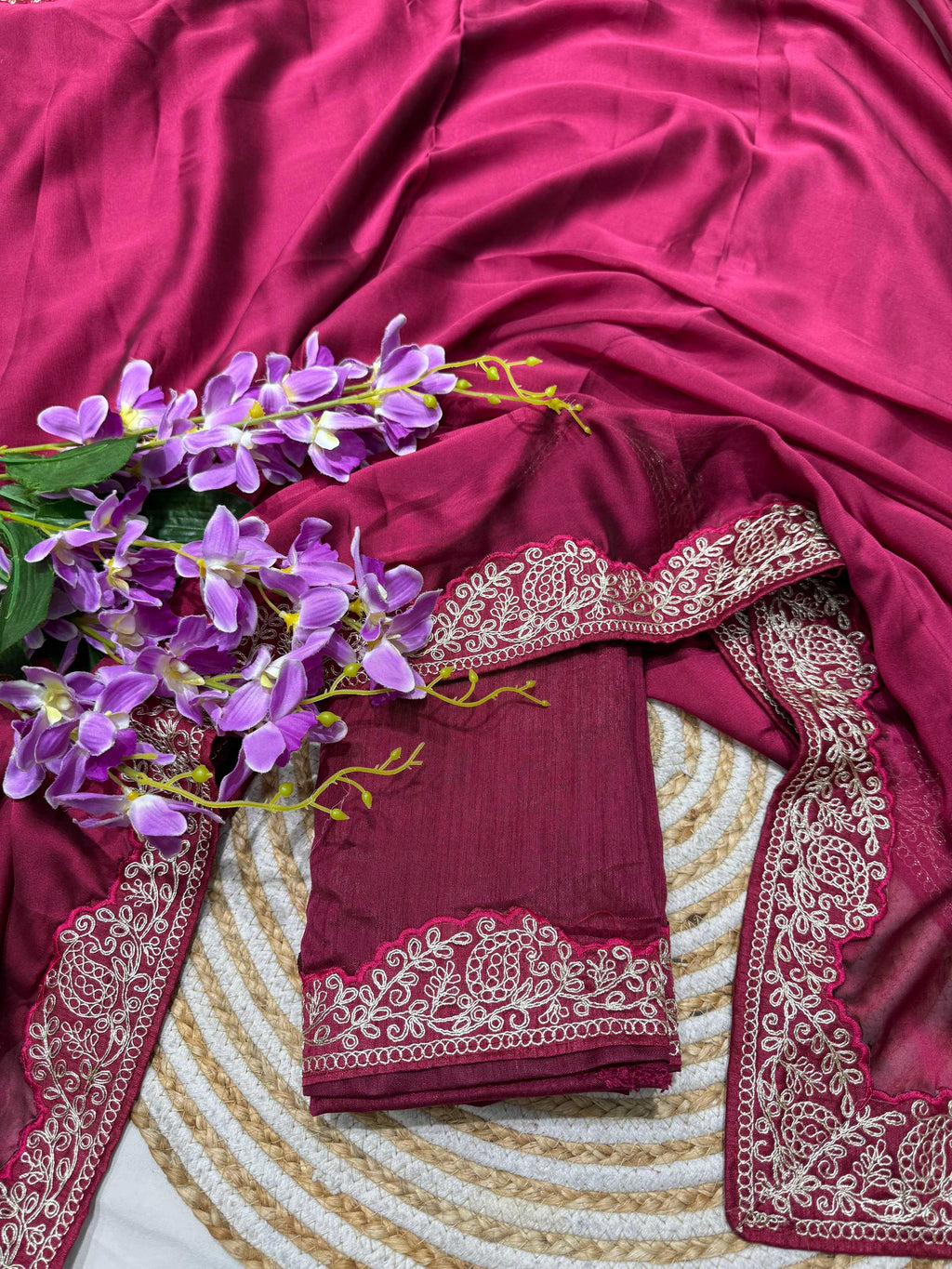 Lorenvalley Fashion Dark Magenta Rangoli Silk with Coding Lace Work Saree with Blouse - Distacart
