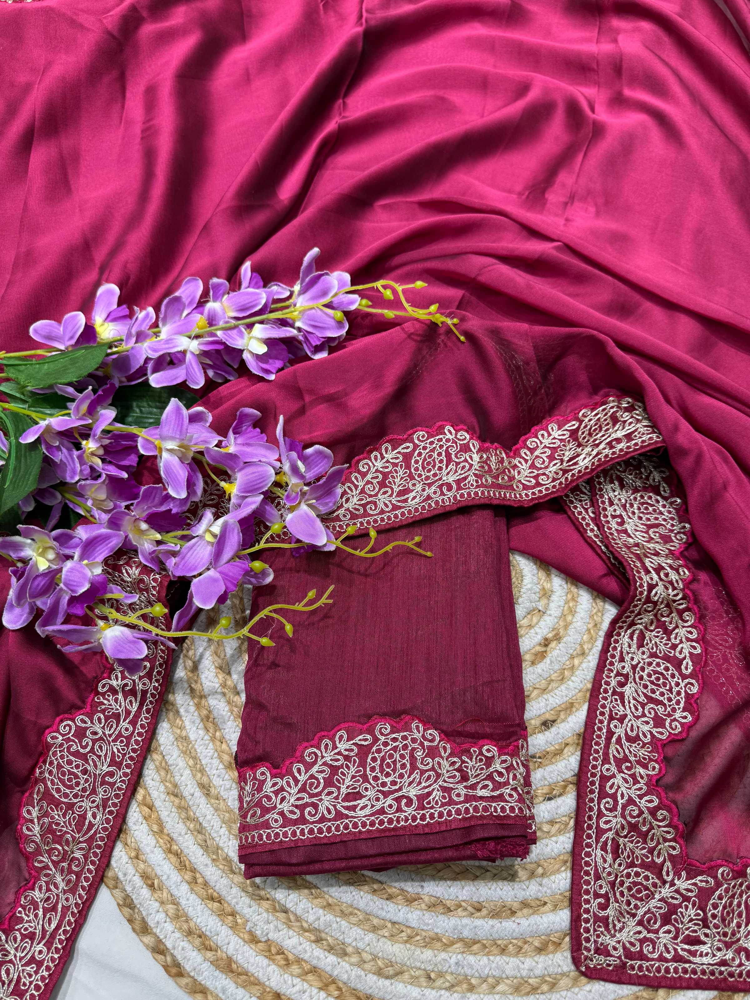 Lorenvalley Fashion Dark Magenta Rangoli Silk with Coding Lace Work Saree with Blouse - Distacart