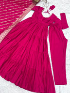 Lorenvalley Women Pure Roman silk Chanderi Fabric Layer Gathering Anarkali Kurta Pant With Dupatta Set - Magenta