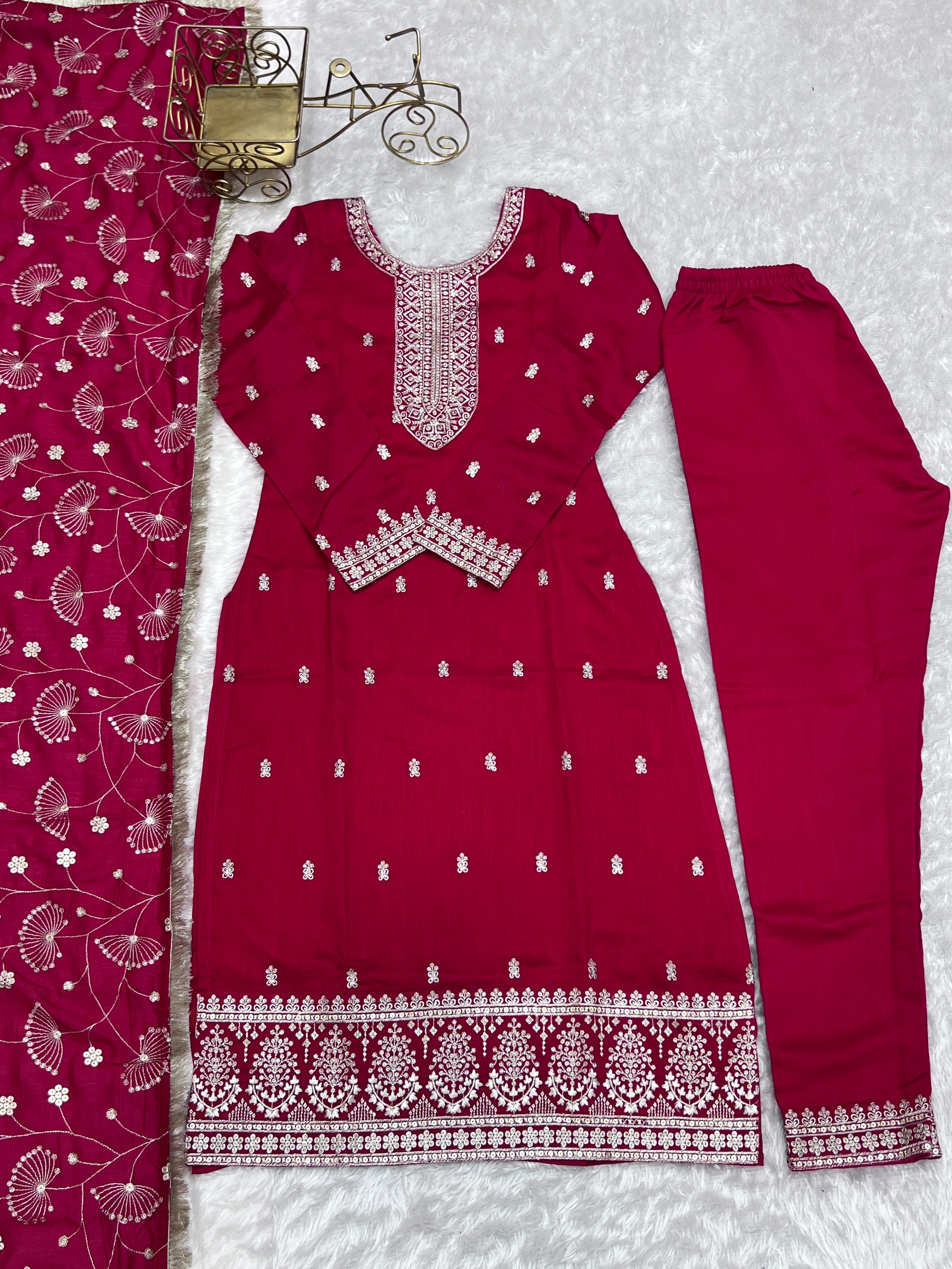 Lorenvalley Magenta Rangoli Silk Embroidery Sequence and Jari Work Kurta Trousers with Dupatta Set - Distacart