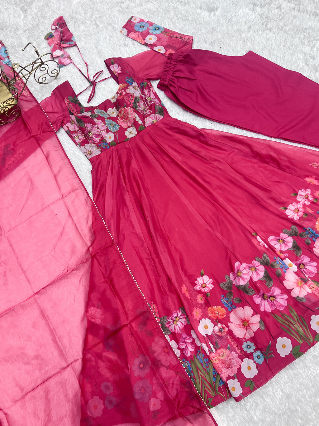 Lorenvalley Parrot Soft Organza Silk With Floral Print Fully Flared Anarkali Pant With Dupatta Set - Magenta