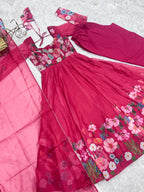 Lorenvalley Parrot Soft Organza Silk With Floral Print Fully Flared Anarkali Pant With Dupatta Set - Magenta
