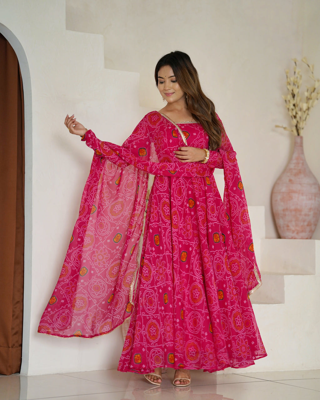 Lorenvalley Women Soft Lightweight Chiffon Bandhej Print Fabric Anarkali Kurta Pant With Dupatta Set