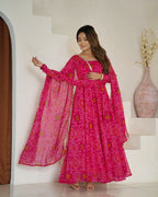 Lorenvalley Women Soft Lightweight Chiffon Bandhej Print Fabric Anarkali Kurta Pant With Dupatta Set