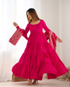 Lorenvalley Women Pure Roman silk Chanderi Fabric Layer Gathering Anarkali Kurta Pant With Dupatta Set - Magenta