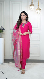 Lorenvalley Fashion Magenta Roman Silk Hand Work Kurta Pant with Dupatta - Distacart