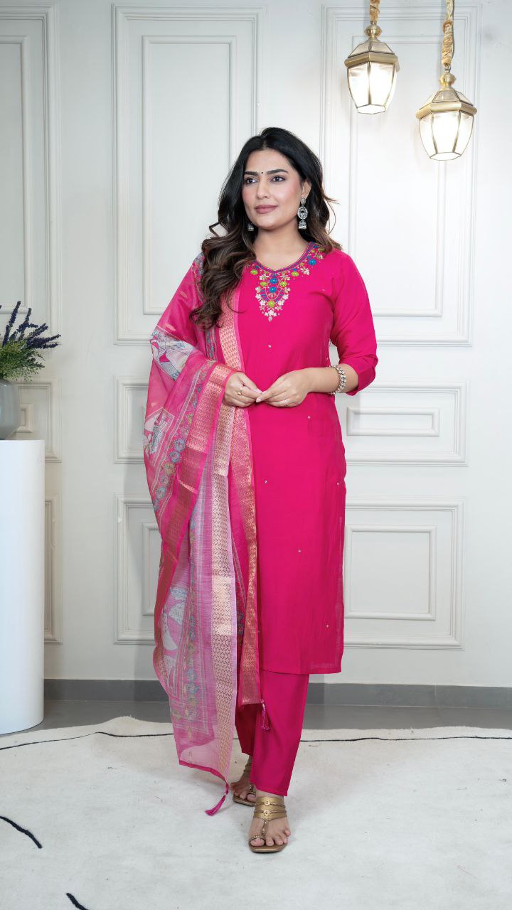 Lorenvalley Fashion Magenta Roman Silk Hand Work Kurta Pant with Dupatta - Distacart