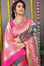 Anaita Grey Woven Design Pure Silk Banarasi Saree With Blouse - Distacart