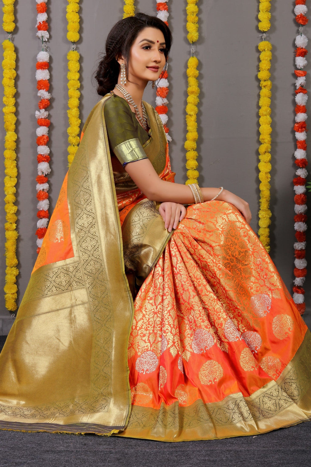 Anaita Orange Woven Design Pure Silk Banarasi Saree With Blouse - Distacart