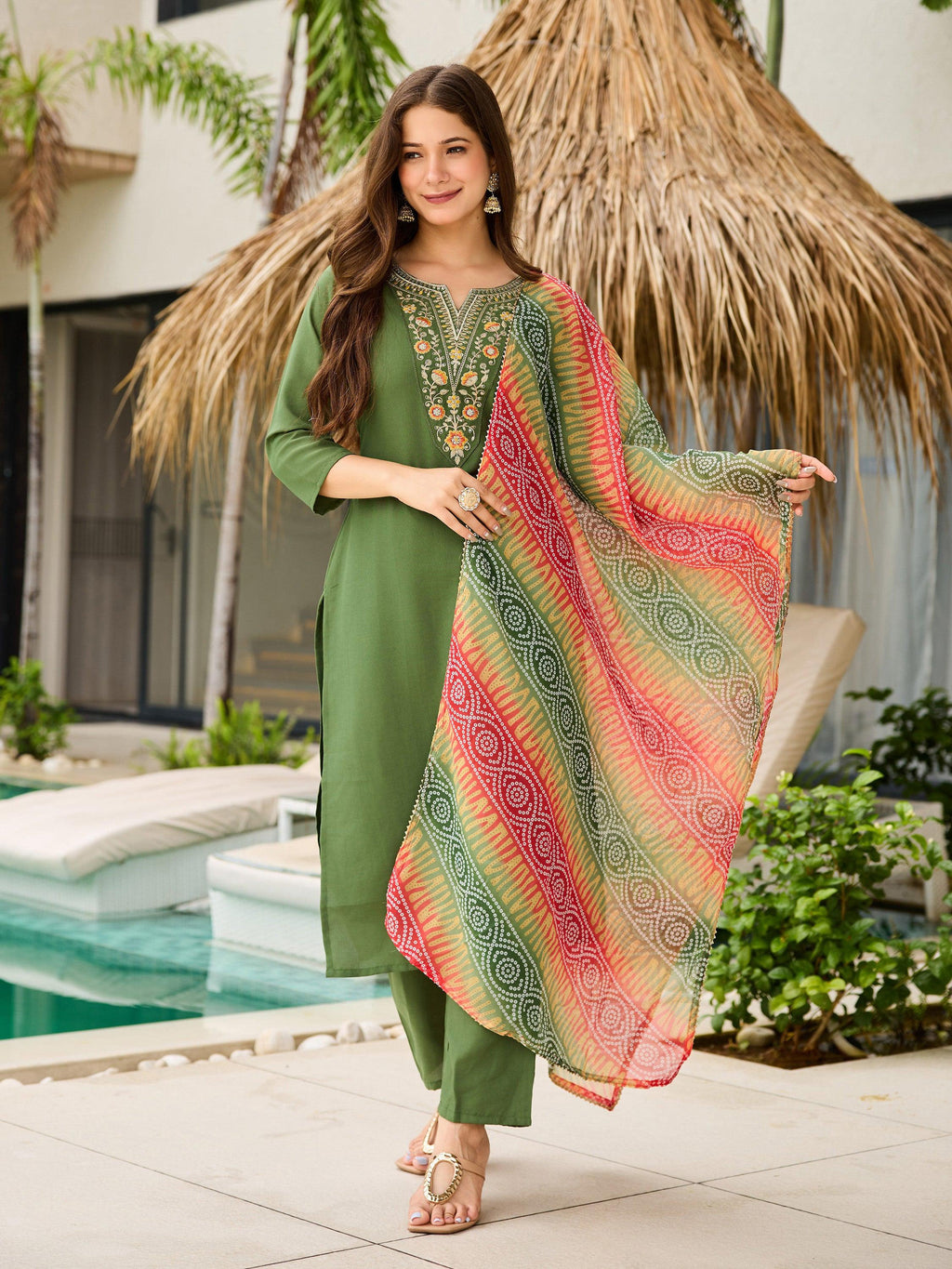 The52 Women's Gorgeous Rayon Embroidery work Straight Kurta with Pant and Dupatta Set - Distacart