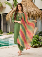 The52 Women's Gorgeous Rayon Embroidery work Straight Kurta with Pant and Dupatta Set - Distacart