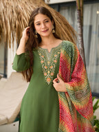 The52 Women's Gorgeous Rayon Embroidery work Straight Kurta with Pant and Dupatta Set - Distacart