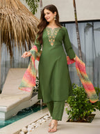 The52 Women's Gorgeous Rayon Embroidery work Straight Kurta with Pant and Dupatta Set - Distacart