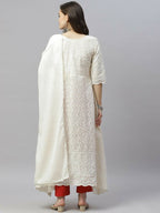 Miravan Women's Beige Embroidered Chikankari Kurta & Dupatta
