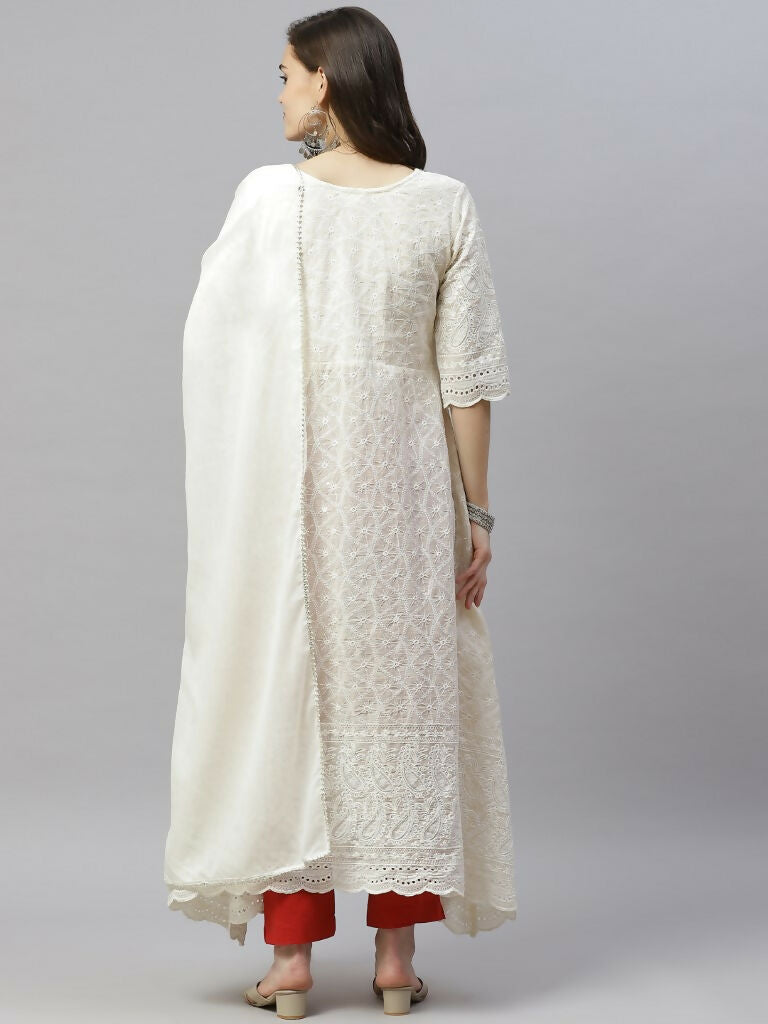 Miravan Women's Beige Embroidered Chikankari Kurta & Dupatta