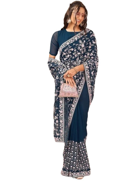 Vamika Embroidery Rama Green Georgette Bollywood Saree