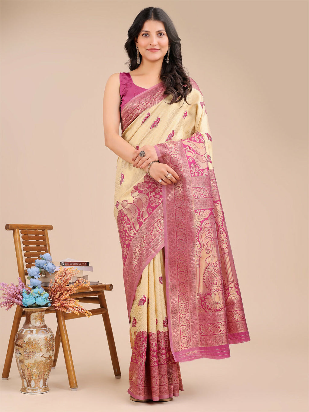 Shree Shyam Fashion Banarasi Silk Cream & Magenta Saree - Distacart