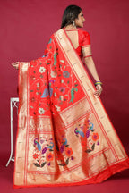 Jyoti Fashion Women's Red Paithani Silk Zari Woven Saree with Blouse