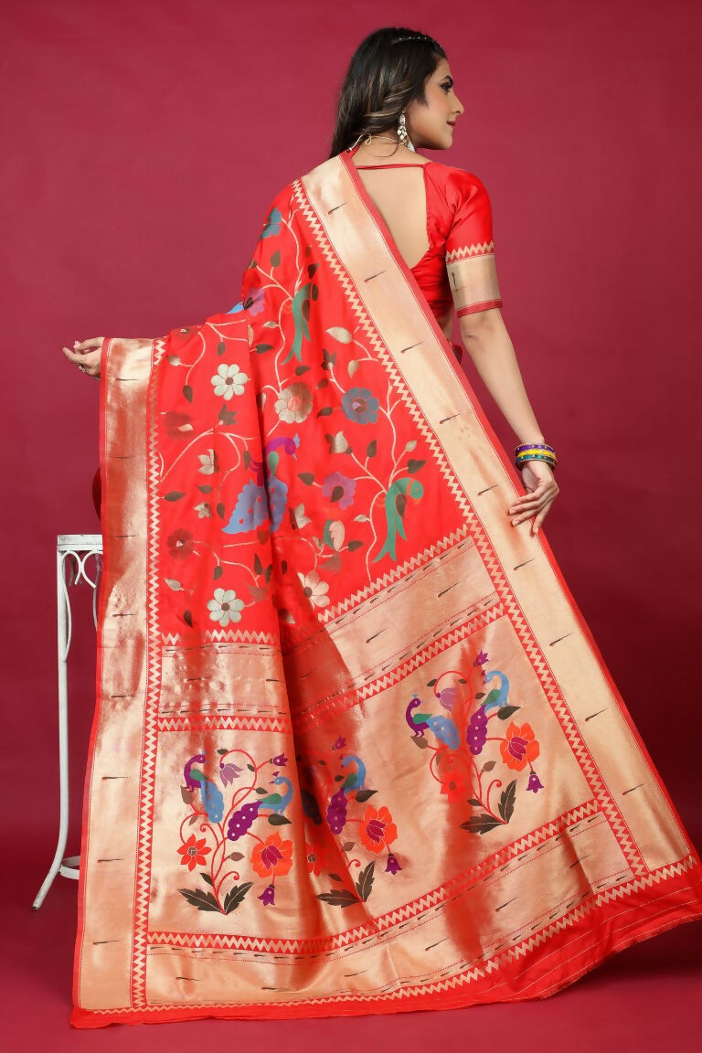 Jyoti Fashion Women's Red Paithani Silk Zari Woven Saree with Blouse