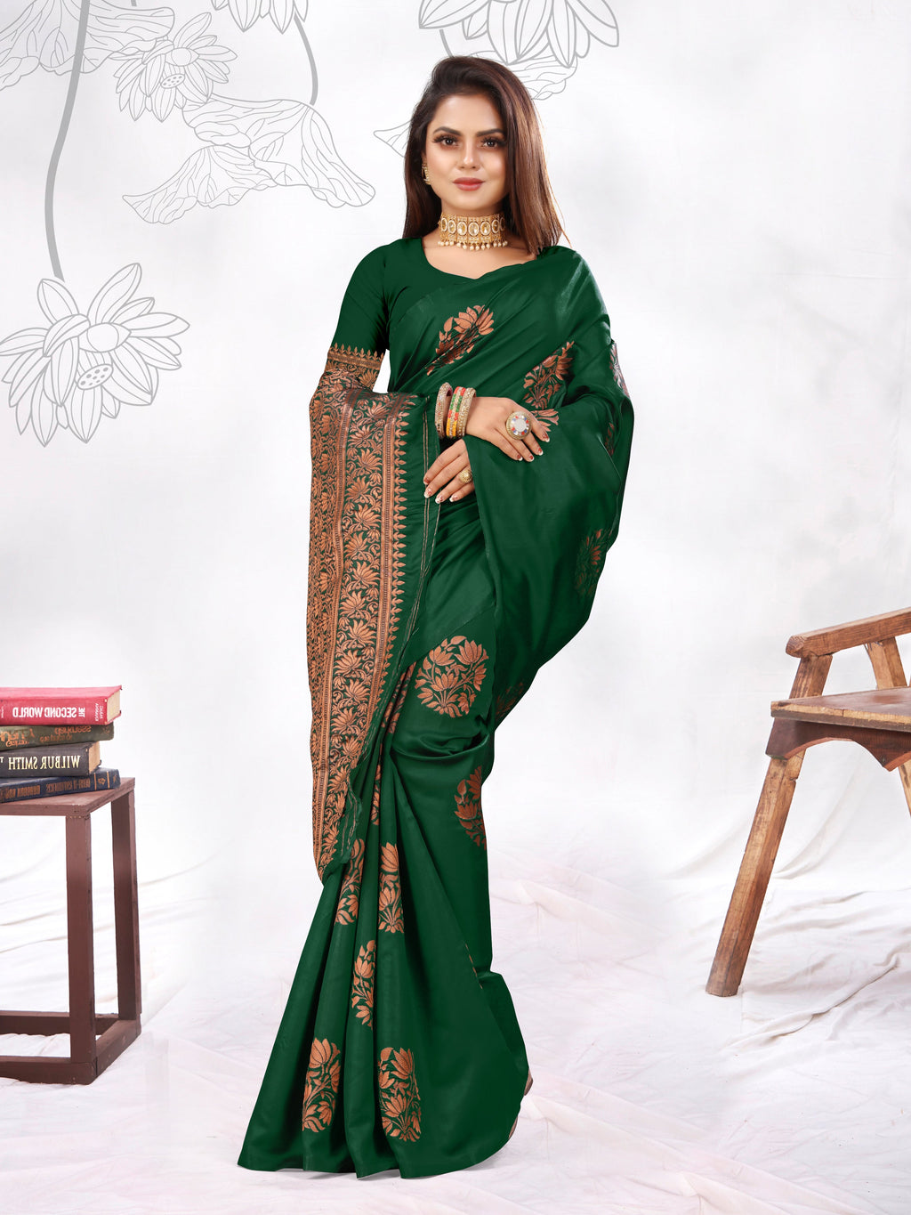 Vedant Vastram Litchi Silk Designer Banarasi Saree - Green - Distacart