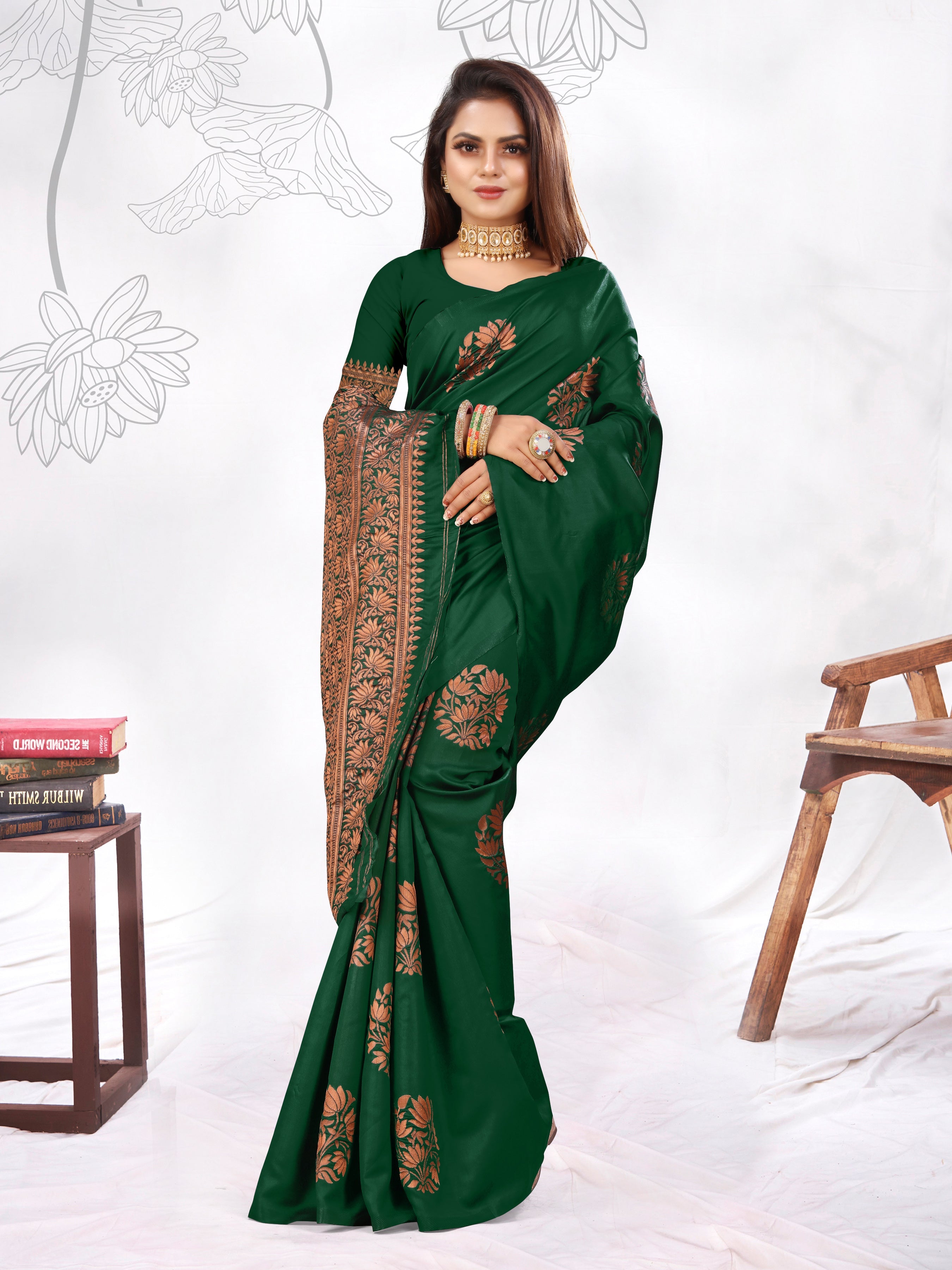 Vedant Vastram Litchi Silk Designer Banarasi Saree - Green - Distacart