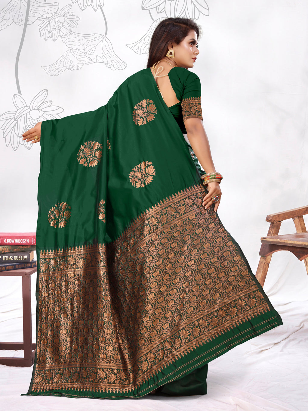 Vedant Vastram Litchi Silk Designer Banarasi Saree - Green - Distacart