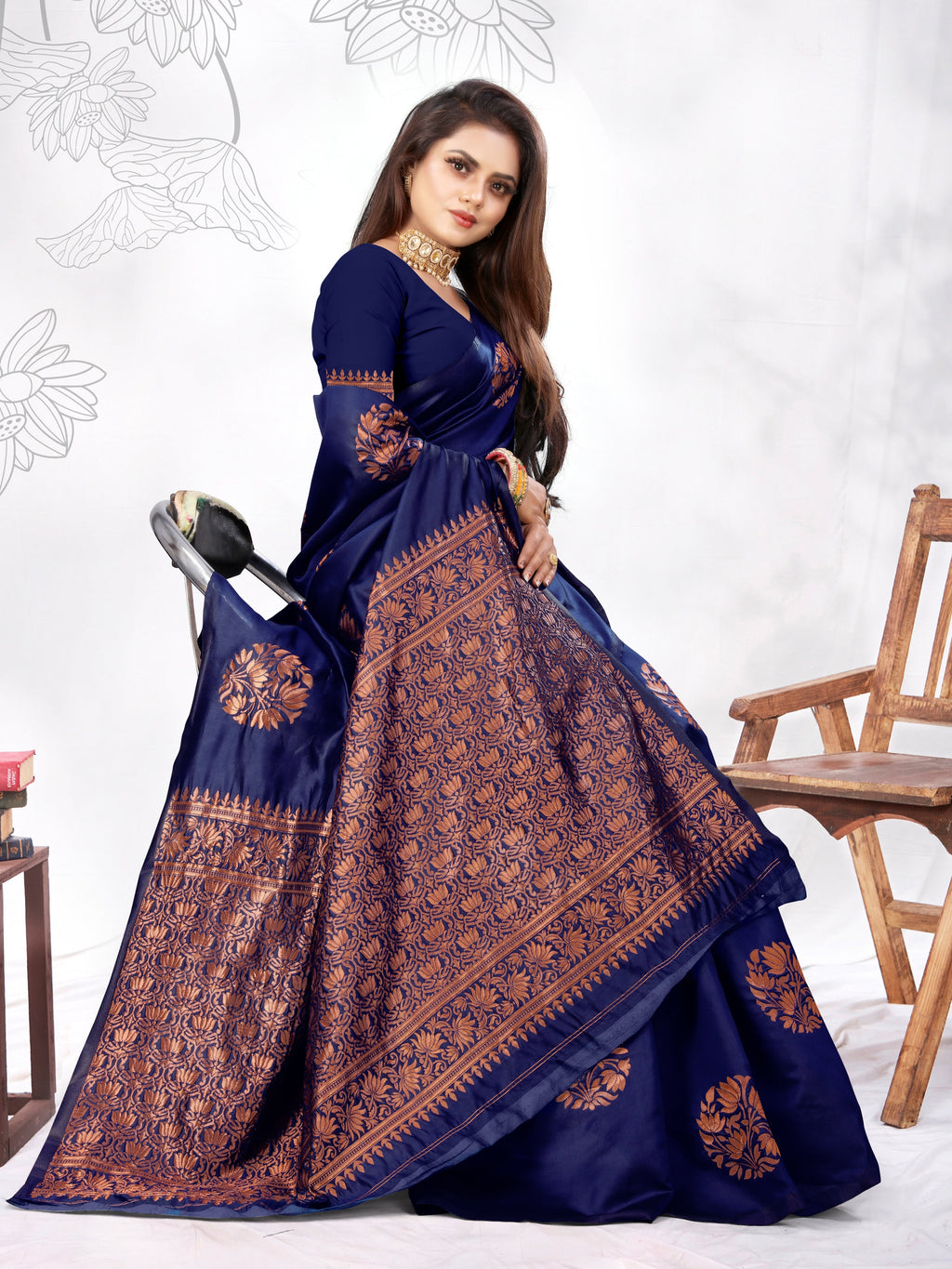 Vedant Vastram Litchi Silk Designer Banarasi Saree - blue - Distacart