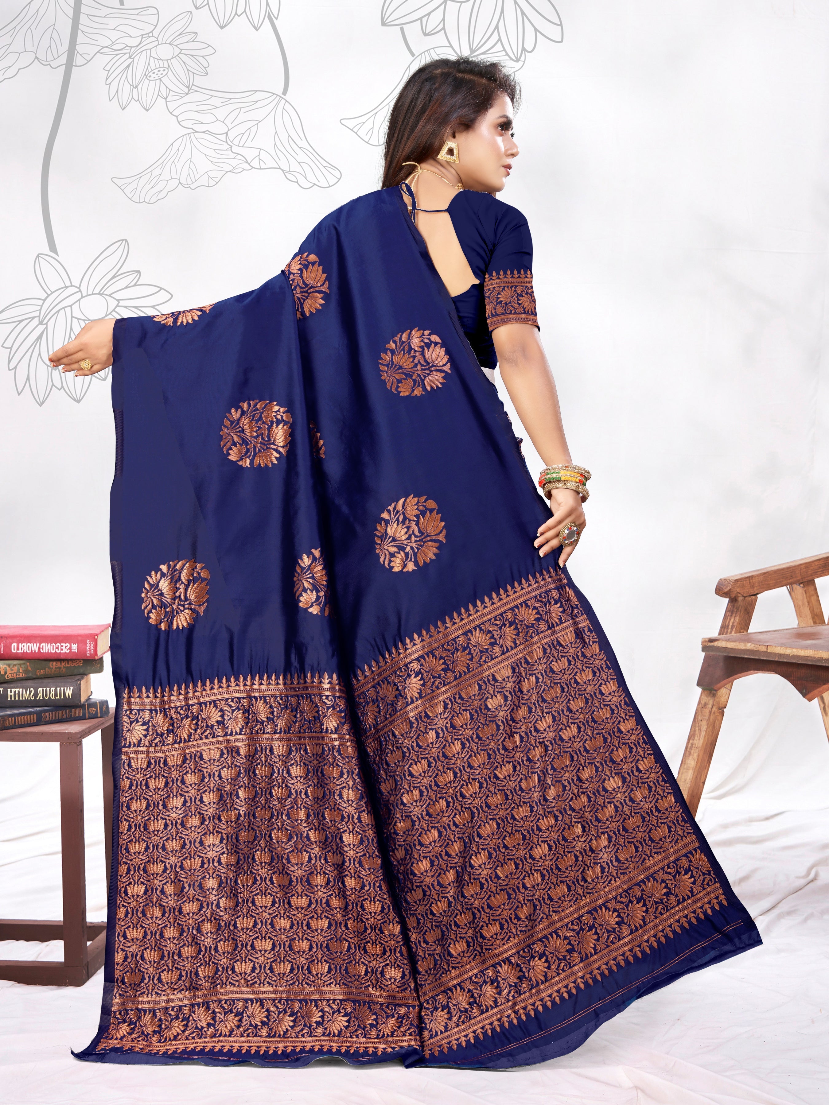 Vedant Vastram Litchi Silk Designer Banarasi Saree - blue - Distacart