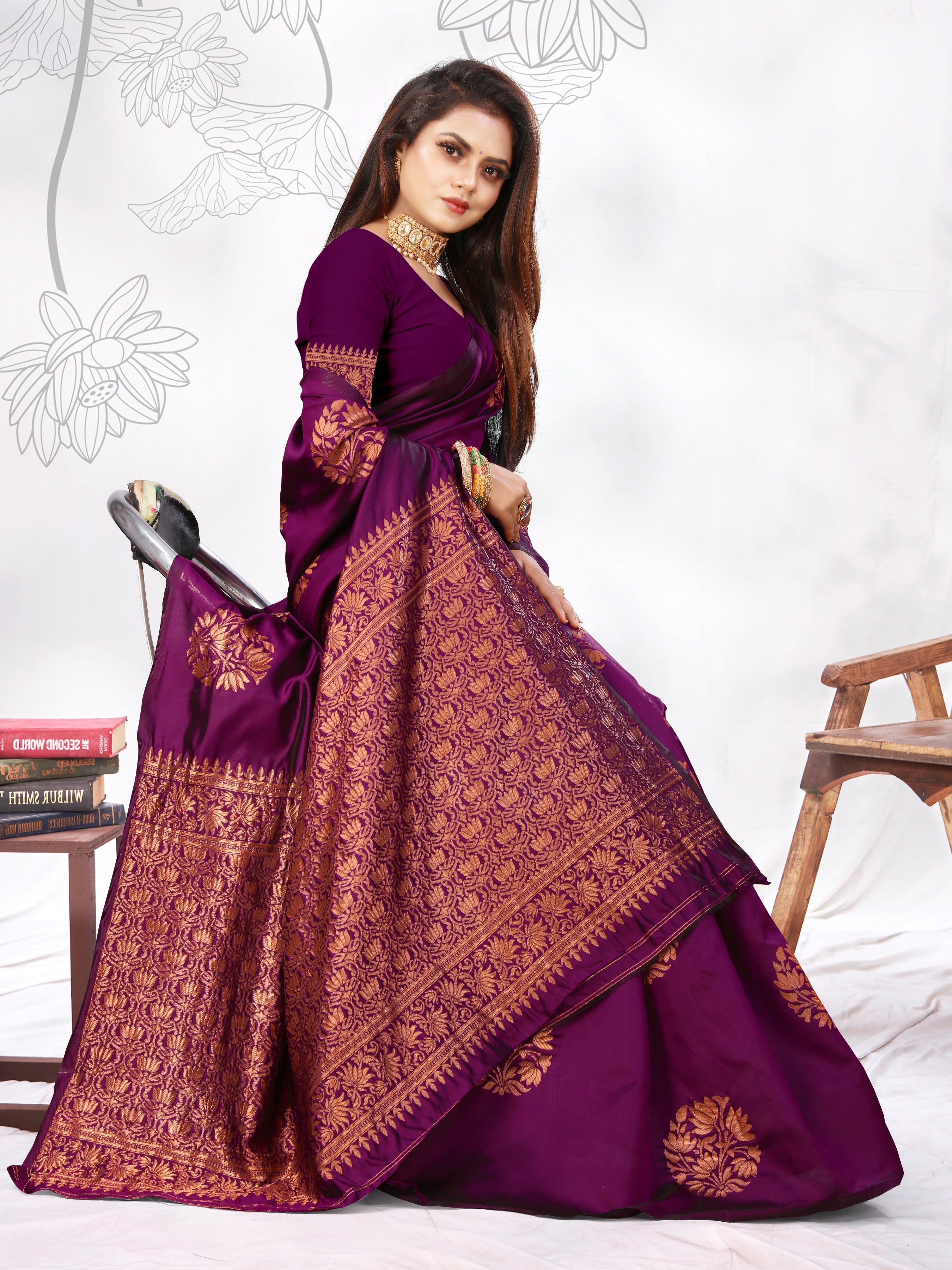 Vedant Vastram Litchi Silk Designer Banarasi Saree - Wine - Distacart