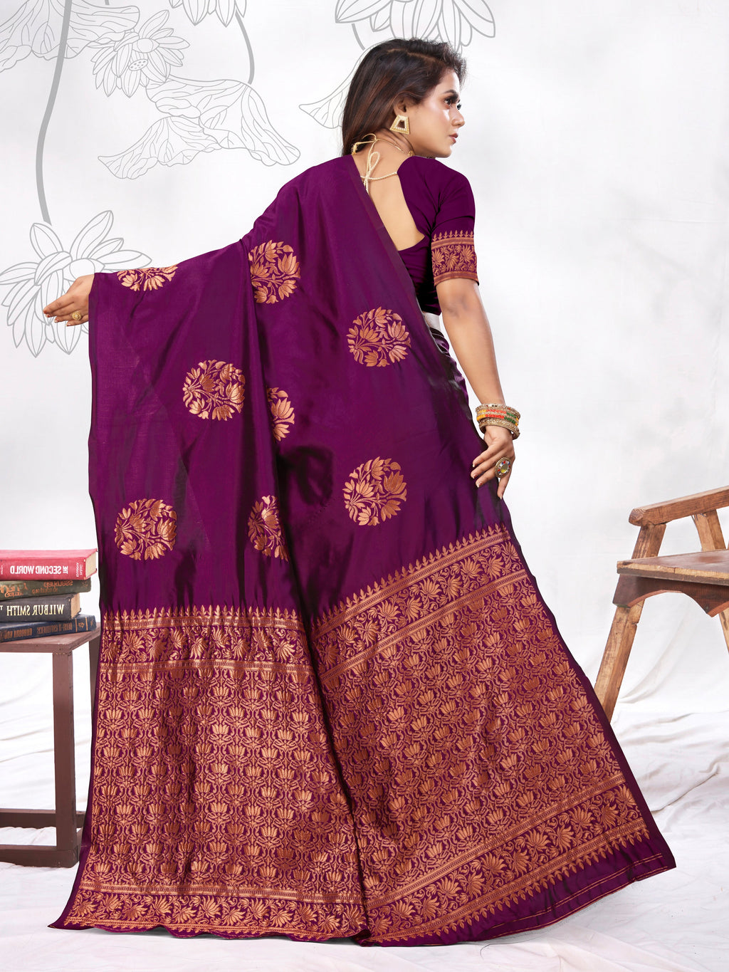 Vedant Vastram Litchi Silk Designer Banarasi Saree - Wine - Distacart