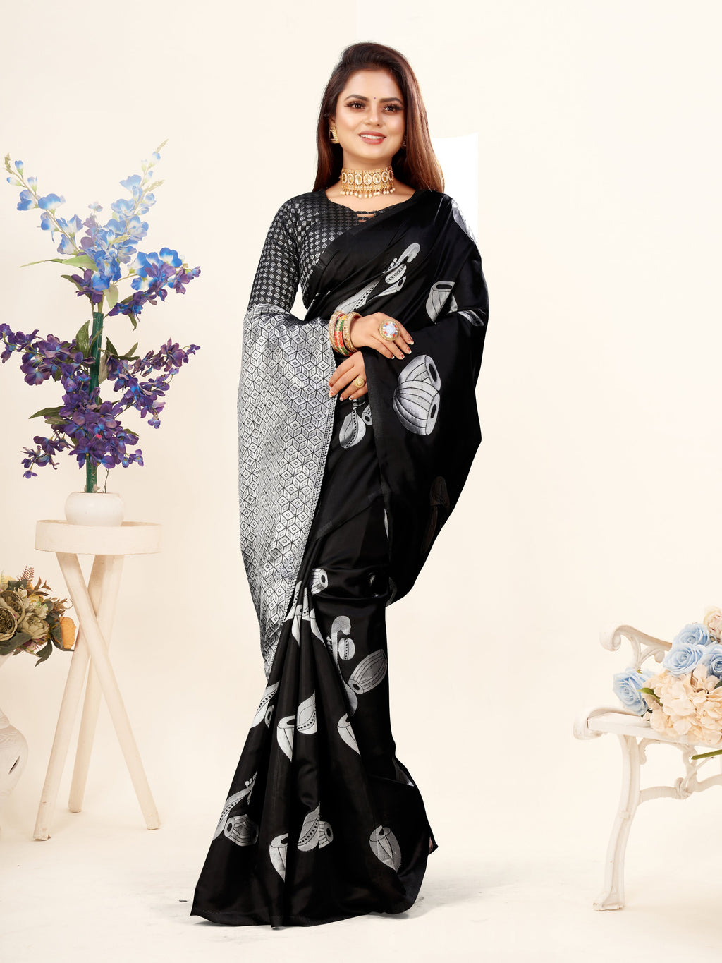 Vedant Vastram Litchi Silk Designer Banarasi Saree - Black - Distacart