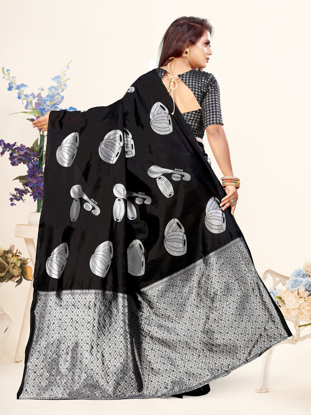 Vedant Vastram Litchi Silk Designer Banarasi Saree - Black - Distacart