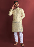 Prazu Fashion Cream Jacquard Silk Amboj Work Kurta - Distacart