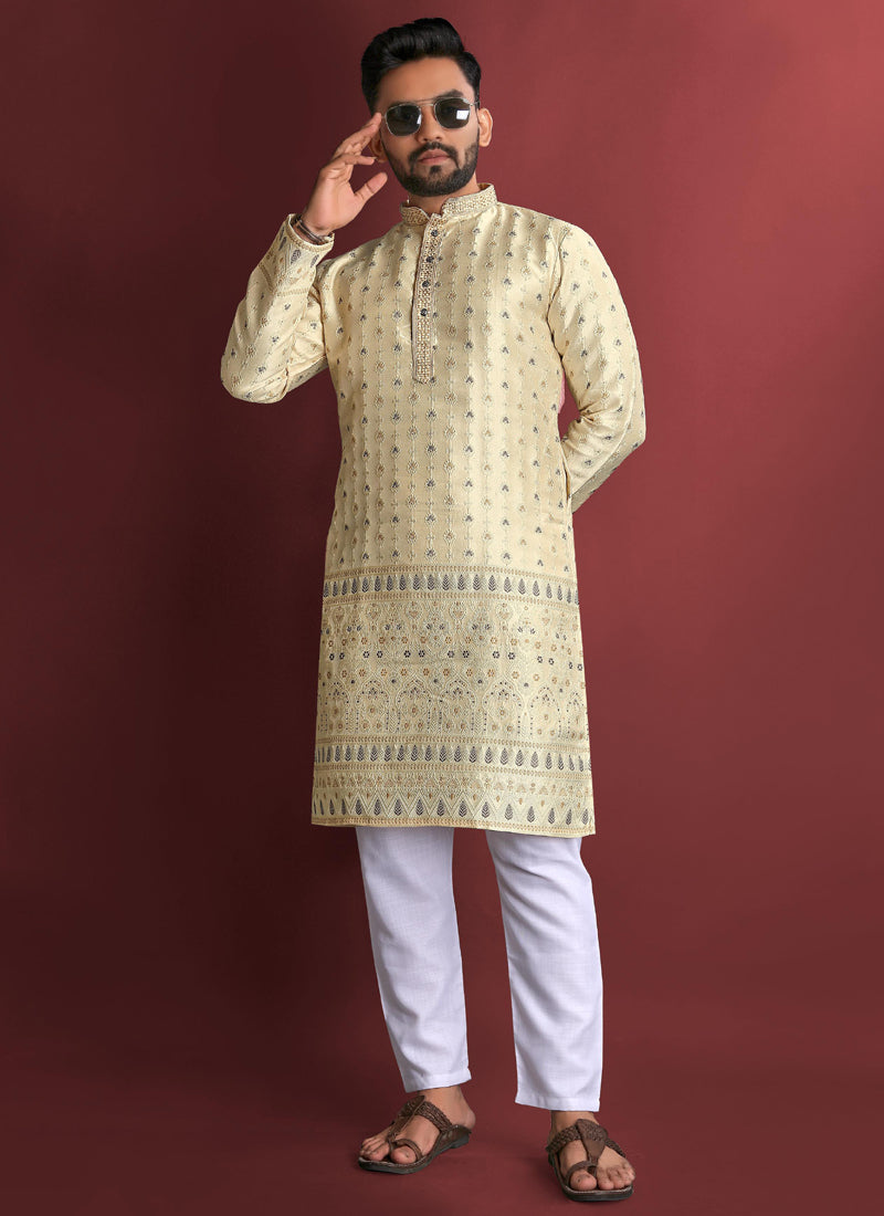 Prazu Fashion Cream Jacquard Silk Amboj Work Kurta - Distacart