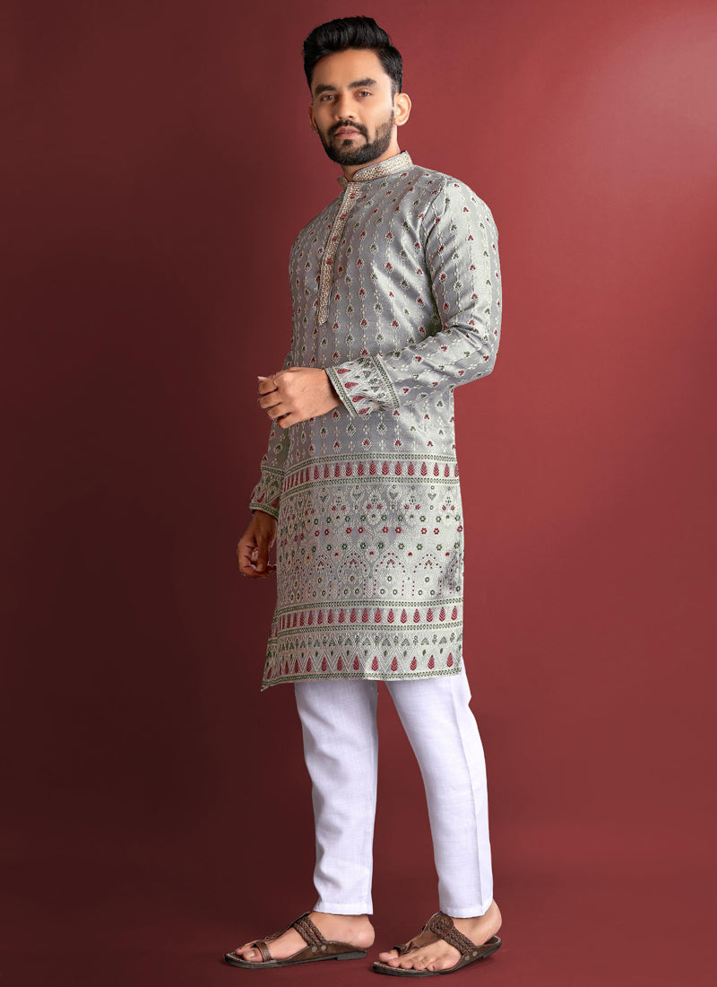 Prazu Fashion Grey Jacquard Silk Amboj Work Kurta - Distacart
