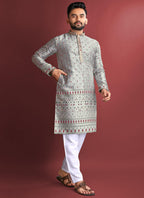 Prazu Fashion Grey Jacquard Silk Amboj Work Kurta - Distacart
