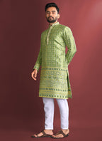Prazu Fashion Light Green Jacquard Silk Amboj Work Kurta - Distacart