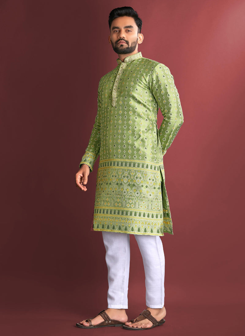 Prazu Fashion Light Green Jacquard Silk Amboj Work Kurta - Distacart
