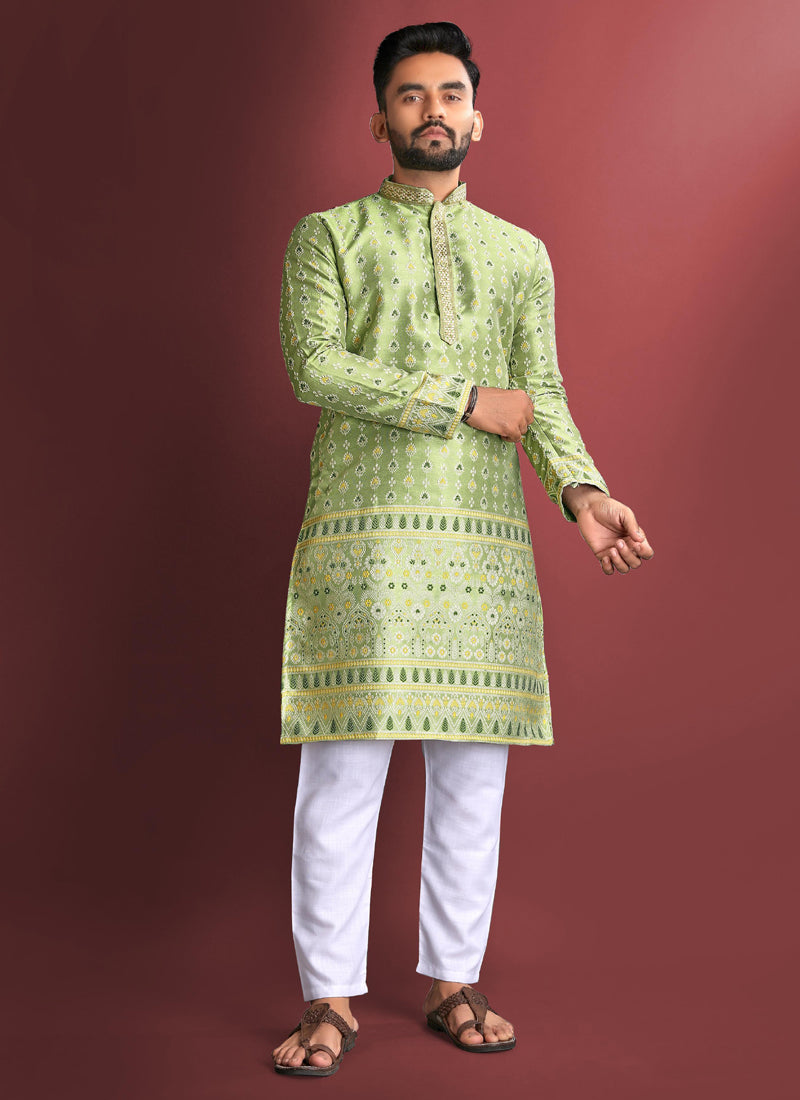 Prazu Fashion Light Green Jacquard Silk Amboj Work Kurta - Distacart